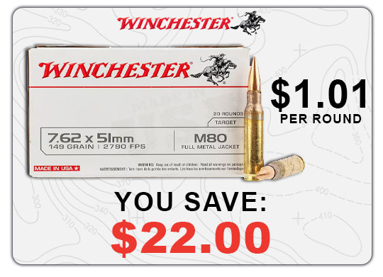 You save $22.00 on Winchester 7.62x51mm NATO M80 149gr Ammunition Case of 500rds